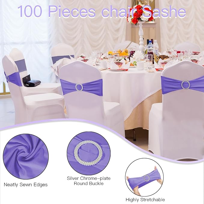 WJWHQ 100PCS Spandex Stretch Chair Sashes Bows Elastic Chair Cover Bands Ties with Buckle Slider for Wedding Party Reception Events Universal Ceremony Banquet Decorations(Light Purple) - Image 3