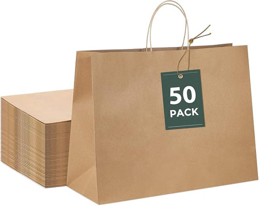 GSSUSA Brown Paper Bags with Handles, Large Shopping Bags 16x6x12, 50 Pack | Sturdy Kraft Gift Bags for Small Business, Grocery, Food Service, Takeout, Retail, Boutique, Merchandise, and Packaging. by GSSUSA