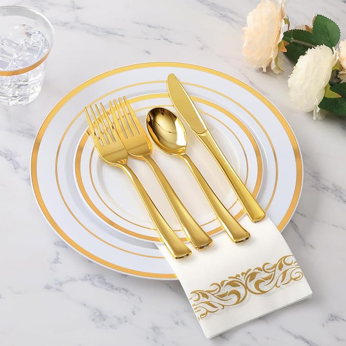 Goodluck 175 Pcs Gold Dinnerware Sets for 25 Guests, Disposable Plate Sets | Plastic Plates for Party, Include: 25 Dinner Plates, 25 Dessert Plates, 25 Paper Napkins, 25 Cups, 25 Gold Silverware Set - Image 2