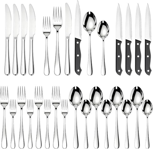 Astercook Silverware Set with Steak Knives 24-Piece Flatware Set for 4 Food-Grade Stainless Steel Cutlery Set Mirror Polished Utensils Set Include Spoons and Forks for Home Kitchen Restaurant