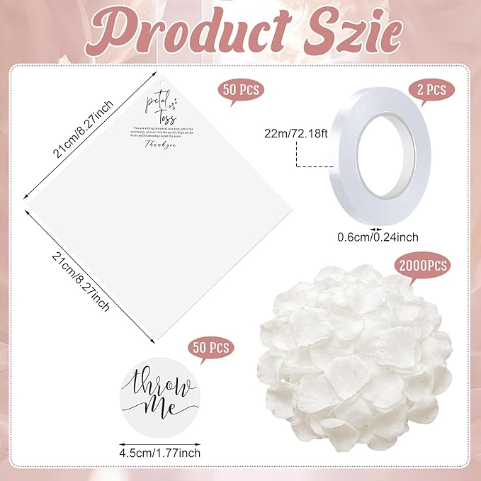 Wedding Petal Cones Kit 50 Sheets Cardstock 2000 Cream Fake Petals 50 'throw Me' Stickers 2 Rolls White Ribbon for Bridal Shower Wedding Favor Celebration Toss