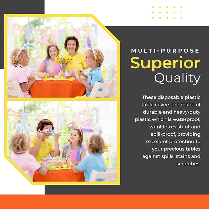 Premium Round Orange Plastic Tablecloth - 84 x 84 in. Disposable Plastic Table Cloth - Smooth Decorative Table Cover - For Parties, Weddings - Image 3