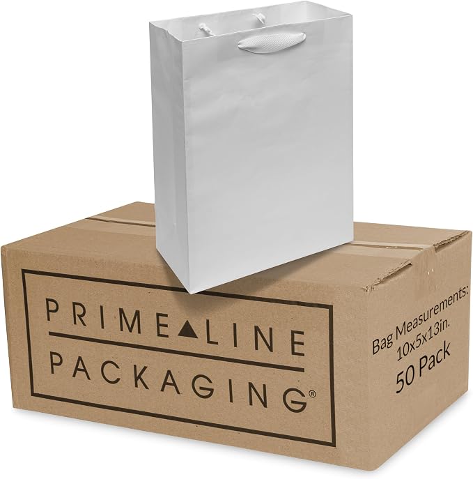 Prime Line Packaging White Gift Bags, Kraft Shopping Bags with Handles for Holidays, Weddings, Birthdays, Baby Showers, Christening, Bulk, 10x5x13, 50 Pack by PrimeLinePackaging