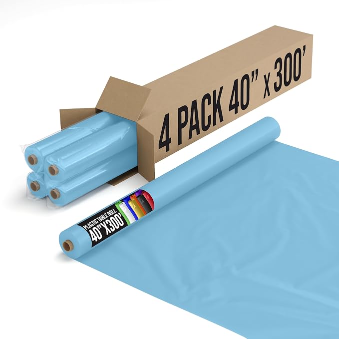 Exquisite Party Solids Sky Blue Plastic Table Cover Roll 4 Pack 40" X 300' Table Cloth Plastic Cover Roll - Premium Quality Thick 0.5 MIL Banquet Rolls - Disposable Tablecloth Rolls by Exquisite