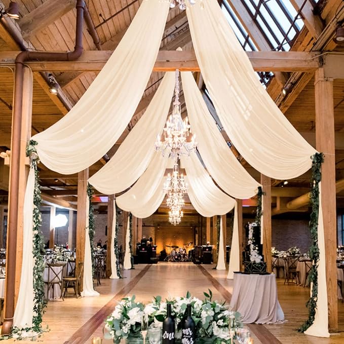 MODFUNS Champagne Ceiling Drapes for Parties 2 Panels 5FTx20FT Sheer Fabric for Draping Chiffon Curtain Ceiling Backdrop Wedding Arch Drapes Fabric Tulle Wedding Curtains Banquet Hall Tent Drapery by MODFUNS