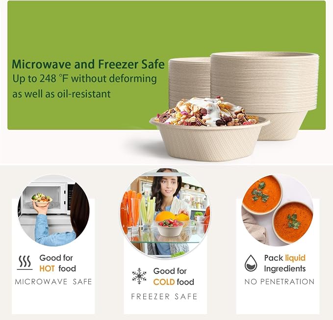 24 Oz Disposable Bowls, [100 Pack] Paper Bowls Disposable - Heavy Duty and Eco-friendly Sugarcane and Bamboo Bagasse Biodegradable Bowls for Cereal, Rice, French Fries - Convenient and Compostable - Image 6