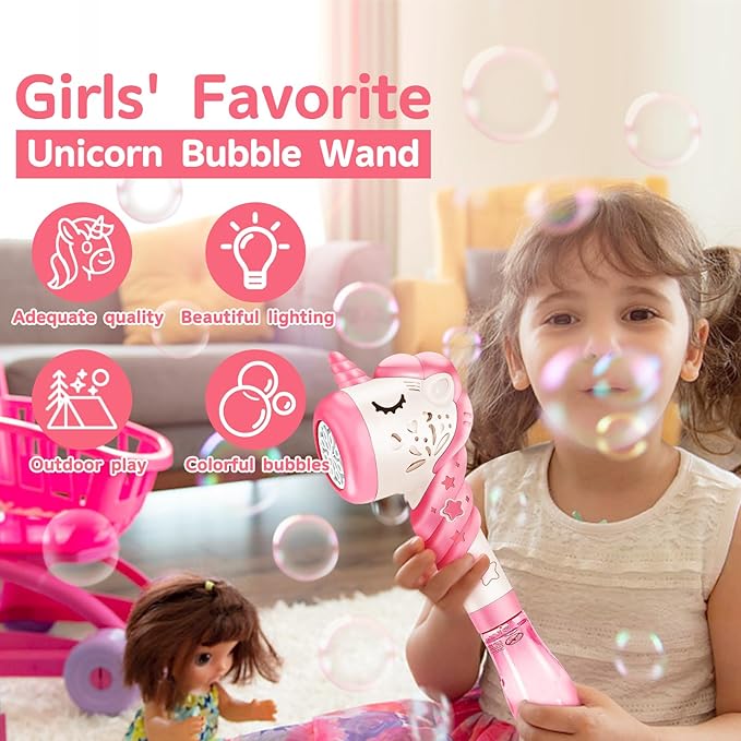 Unicorn Bubble Machine Wand Gifts for Kids Toddlers Age 1 2 3 4 5 6 7 8 Years Old Birthday Party Unique Cute Baby Outdoor Outside Summer Toy Easter Day Game for Little Girl Boy Include Solution Pink