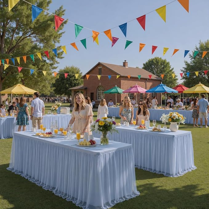 CO-AVE 2pack Dusty Blue Tulle Tablecloth for 6 Foot Rectangular Tables, 2-in-1 Elastic Stretch Spandex Cover with Tutu Ruffle Skirt, Wrinkle Free for Wedding, Birthday, Banquet, Buffet, Bridal Shower - Image 6