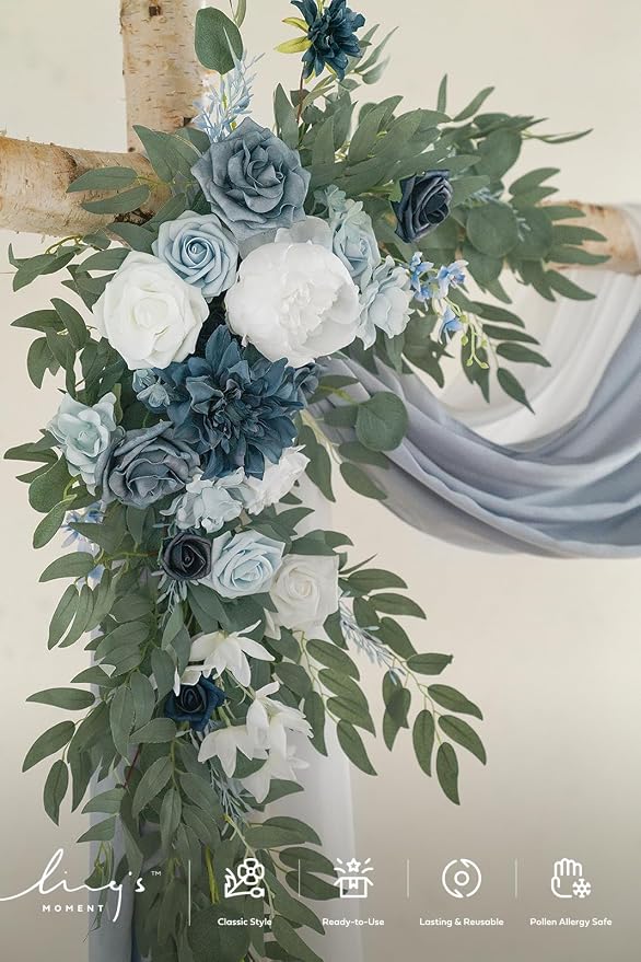 Ling's moment Wedding Arch Flowers with Drapes, Dusty Blue | Pack of 4, 2pcs Hanging Floral, 2pcs Chiffon Drape, Artificial, Ceremony Spring Fake Silk Rose Arbor Backdrop Floral Swag - Image 3