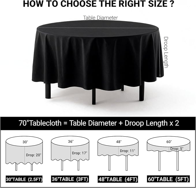 MRJ Black 70 Inch Round Tablecloths Stain and Wrinkle Resistant Washable Polyester Table Cloth for Wedding Dining Banquet Birthday Party Buffet - Image 3