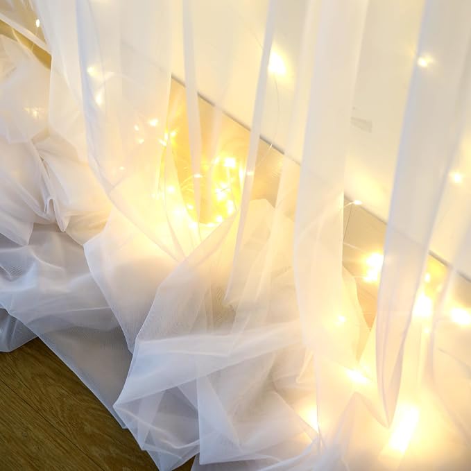 White Backdrop Curtains with Lights String for Wedding Parties 10×10ft Sheer Tulle Backdrop Curtain for Bridal Shower Baby Shower Birthday Party Photo Shoot Background Decorations(2 Panels 10ft×10ft) - Image 7