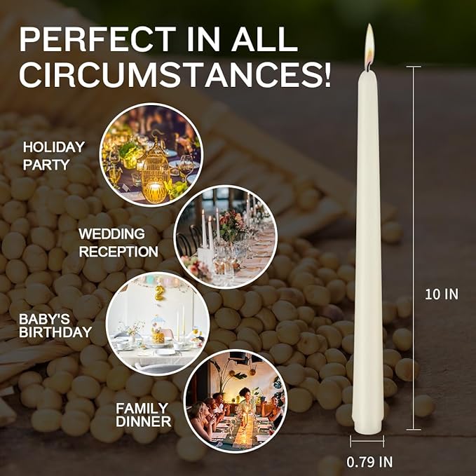 Ivory 10-inch Set of 8 Cone-Shaped Candles, Perfect for Dinner - Smoke-Free and odorless Cone-Shaped Candles Burn for a Long time