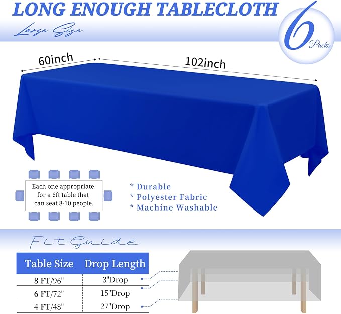 YMHPRIDE 6 Pack Royal Blue Polyester Tablecloths, 60 x 102 inch, Rectangular, Wrinkle Resistant, Machine Washable, Perfect for 6FT Tables, Wedding, Party, Banquet - Image 2