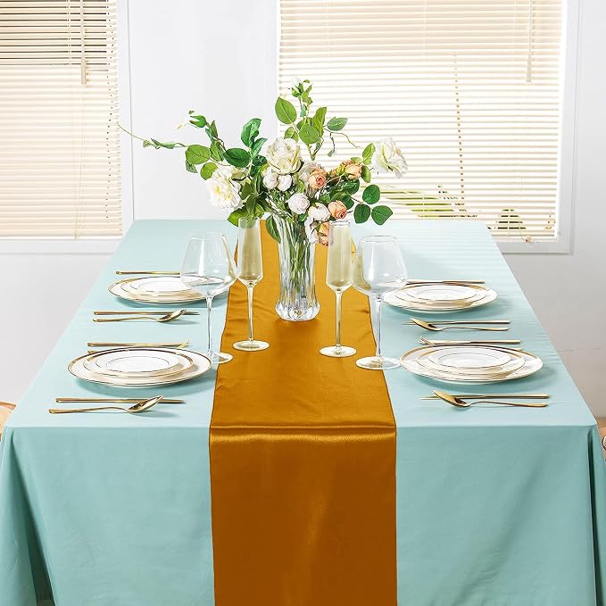 SI Pack of 15 Wedding 12 x 108 inch Satin Table Runner for Wedding, Decorations for Graduations, Engagements, Birthday Parties, Banquets, Runners fit Rectangle, Round Table - Caramel - Image 4