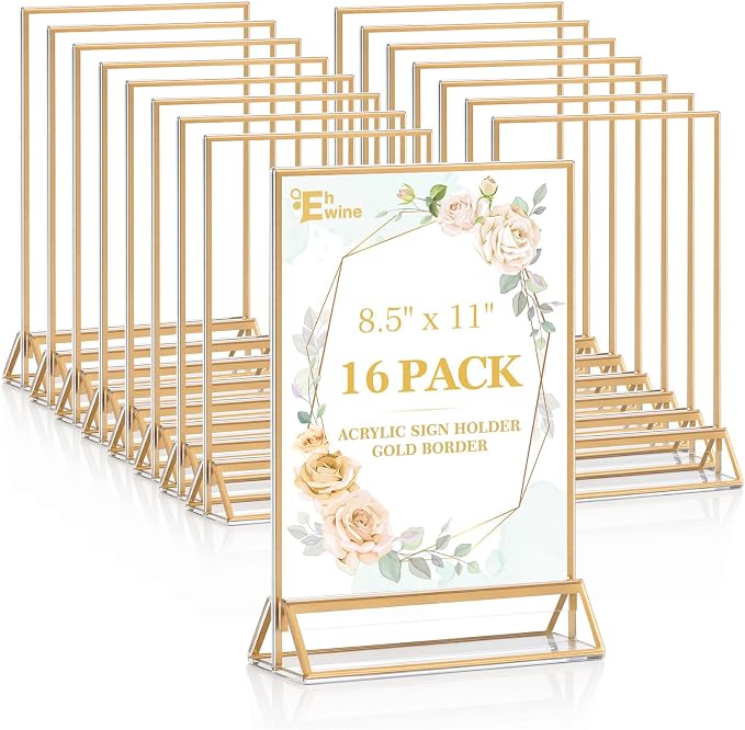 EHWINE 16 Pack Acrylic Sign Holder 8.5 x 11, Double Sided Gold Picture Frame Stand up Table Top Sign Holders, Clear Display Stand Menu Flyer Holder for Wedding Party (Provide Non-slip Mats) by EHWINE
