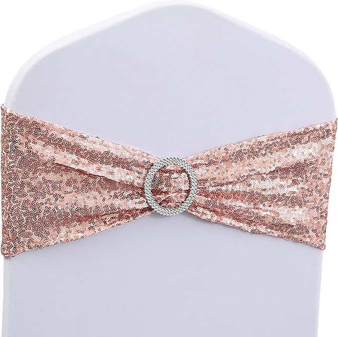 Sequin Rose Gold Chair Sashes 50 Pack, Pink Gold Chair Bows for Party Folding Chairs Decorations, Chairs Bands with Buckles for Wedding Fiestas Decor by WENSINL