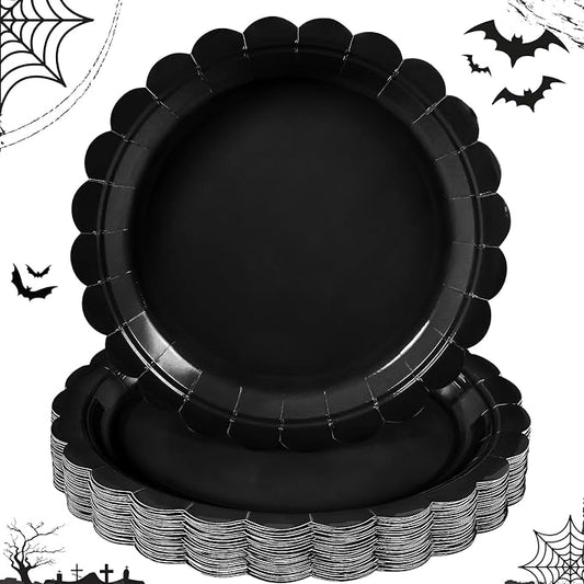 NatNarr 30 Pk Black Paper Plates 9" Disposable Scalloped Black Party Plates | Cute Dessert Cake Plates Black Party Dinner Plate for Men’s Birthday, Wedding, Halloween,Picnic, Oil&Water Resistant by NatNarr