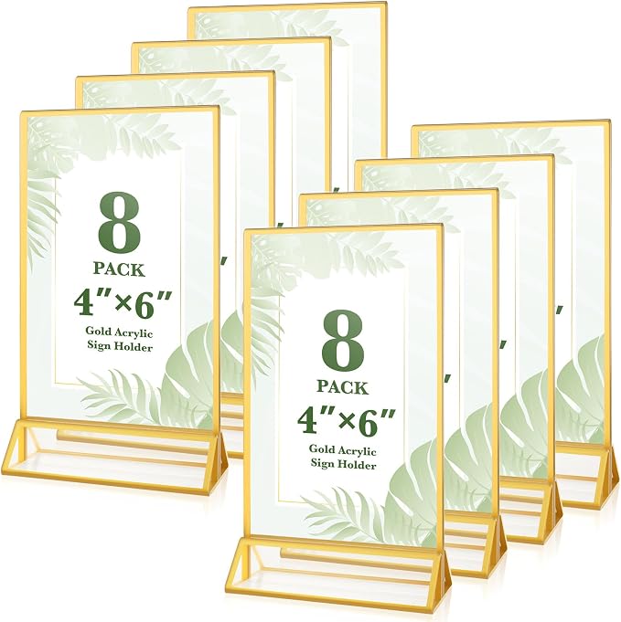8 Pack Gold Acrylic Sign Holders 4x6 Clear Picture Frame Stands | Double Sided Vertical Stand Menu Flyer Holder for Wedding Table Numbers, Restaurant Signs, Party and Office Photos by ALFFUN