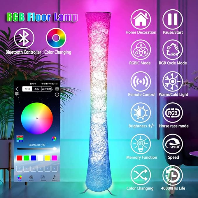 2 Pcs Floor Lamp, 61'' Smart RGB LED Corner Lamp with Music Sync and 16 Million DIY Colors, 3 Color Temperature, APP & Remote Control, Color Changing Standing Floor Lamp for Bedroom Living Room