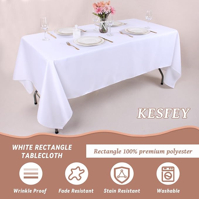 Kesfey 60 x102 inch White Rectangle Table Cloths 2 Packs Polyester Tablecloths High Density Washable Fabric Table Cover for 6 Foot Tables Wrinkle Resistant Tablecloth for Wedding Buffet Banquet Party - Image 4