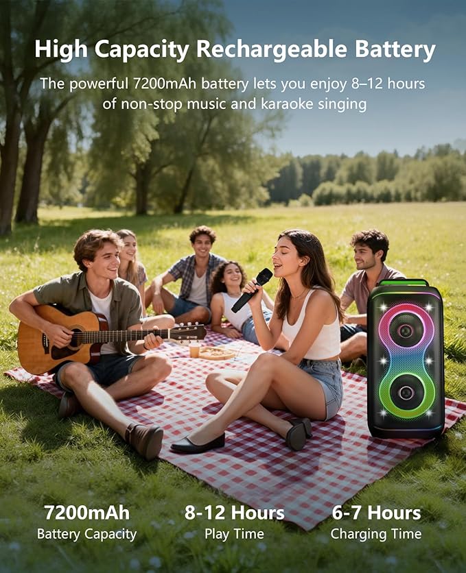 GKD61 Karaoke Machine for Adults with 2 Wireless UHF Microphones, 400W Peak Power Karaoke System with Dual 6.5'' Subwoofers, Portable Party Bluetooth Speaker with RC, Bass & Treble Control for Outdoor