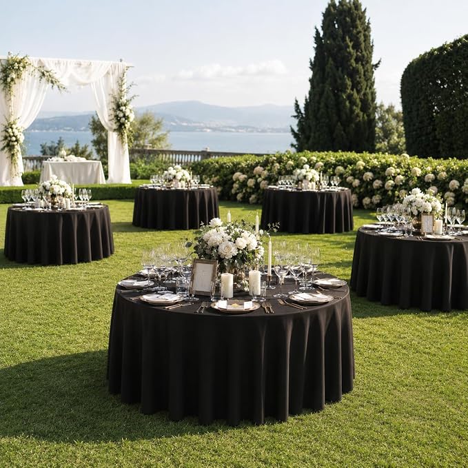 Surmente 5 Pack 132 Inch Black Tablecloths for Round Tables | Dining Table Cover Protector, Wrinkle Free, Washable Polyester Fabric, Round Table Cloth for Wedding, Banquet, Restaurant - Image 7