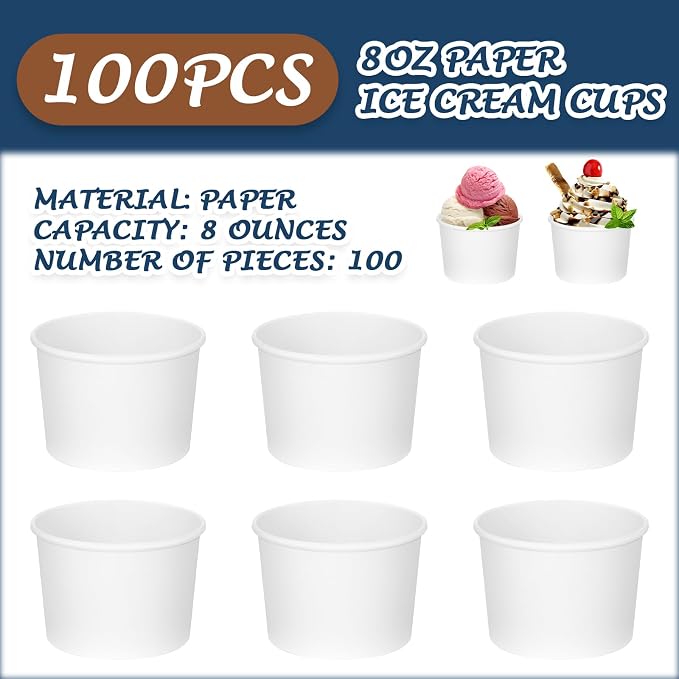Nuenen 100 Pcs 8 oz Summer Ice Cream Paper Cups Bulk Disposable Dessert Cups Solid Color Paper Dessert Bowls for Snack Sundae Spring Party Favors Ice Cream Bar Supplies (White) - Image 5