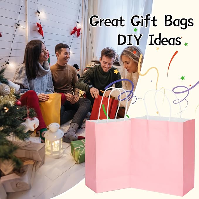 MOZRRO Gift Bags, 100 Pack 10.5x8.5x4.5 Inch, Paper Bags with Handles, Medium Size, Pink Gift Bag for Birthday, Wedding, Bulk, Party, Lunch, Goodie - Image 4