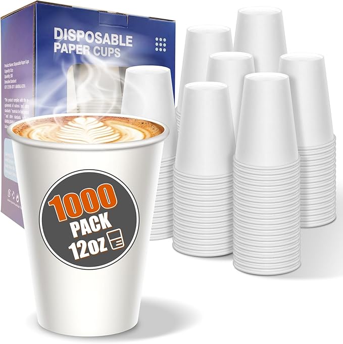 MOUMOULIFE Disposable Paper Coffee Cups 12 oz 1000 Count Bulk, Leak-Proof White Hot/Cold Cups for Office, Party, Home, Travel, Business Events by moumoulife