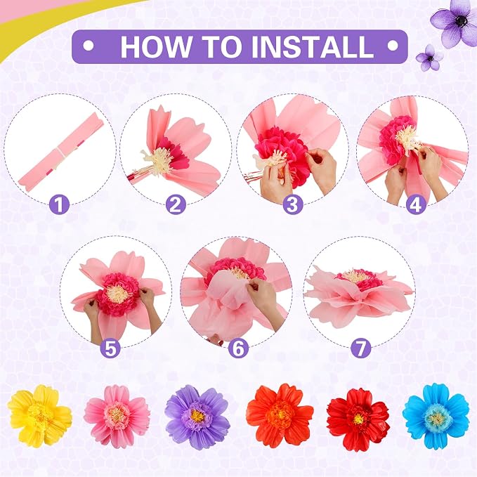 Crowye 12 Pcs Large Tissue Paper Flower Decor,10'' 20'',Cute Color | Giant Craft Crepe Paper Flower, Colorful, for Wall Decorations Backdrop Mexican Wedding Birthday Carnival School Party - Image 3