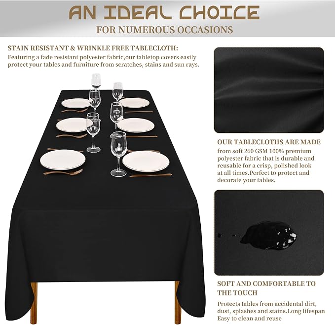 Showgeous 12 Pack Black Polyester 60x102 Inch Tablecloths | Soft polyester, wrinkle resistant, fade resistant, smooth finish, fine stitching, folded hems, reusable, machine washable - Image 6
