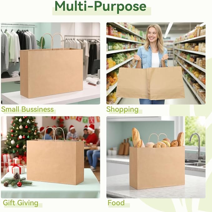100 Pack Large Paper Gift Bags with Handles, 16 x 6 x 12 Inch, Brown | Kraft Material, Bulk Pack for Craft, Shopping, Business, Retail, Party Favor, Birthday and Grocery Use - Image 5
