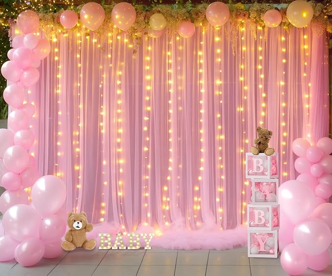 Pink Tulle Backdrop Curtains with Lights String for Parites 20ft×8ft Pink Sheer Backdrop Curtains for Baby Shower Girls Bridal Shower Birthday Party Photo Shoot Decorations(4 Panels 5×8ft) - Image 3