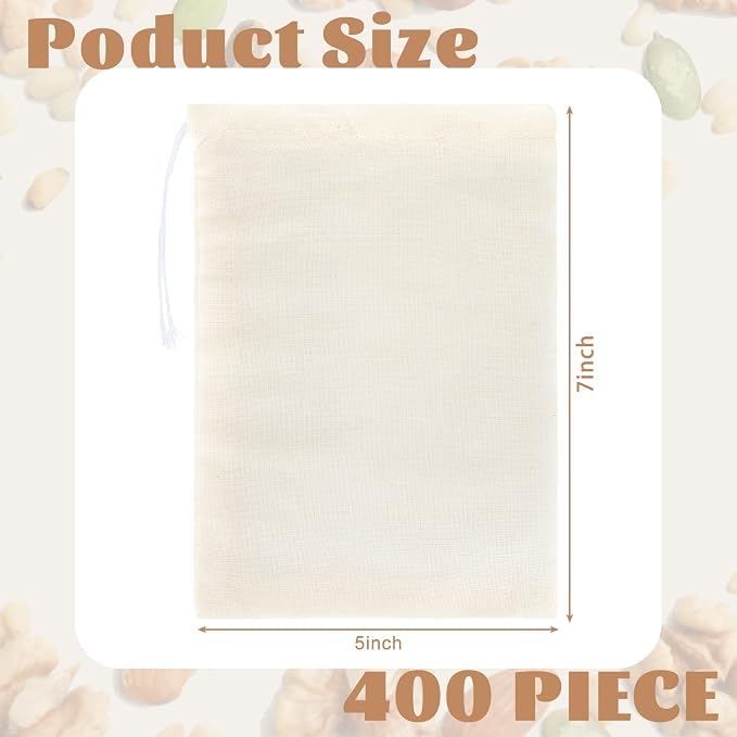 Tatuo 400 Pcs Cotton Muslin Bags with Drawstring, 5 x 7 Inch - Image 2
