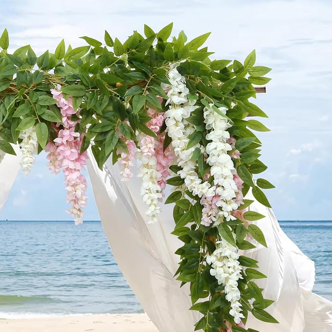 4 Pcs Two-Tone Flower Vine Artificial Wisteria Garland Silk Faux Hanging | pink-white Suitable for Home Hotel Stairs Wedding Arch Party Indoor Outdoor Decoration - Image 4