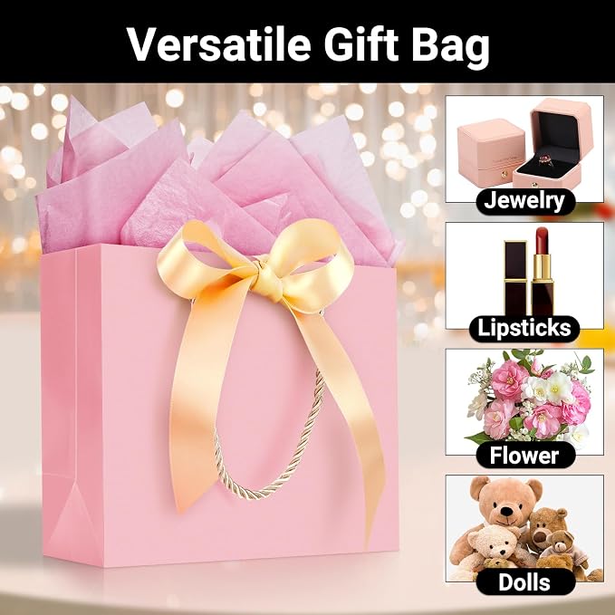 EUSOAR Pink Gift Bags, 12pcs 8.6"x3.9"x7" Thank You Gift Paper Bags with Bow Ribbon Handle, Small Shopping Party Favor Gift Treat Candy Bags Bulk for Wedding Guests Bridal Birthday - Image 3