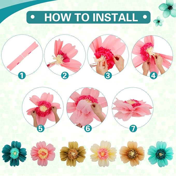 Crowye 12 Pcs Large Tissue Paper Flower Decor,10'' 20'',Stylish Color | Giant Craft Crepe Paper Flower, Colorful, for Wall Decorations Backdrop Mexican Wedding Birthday Carnival School Party - Image 3
