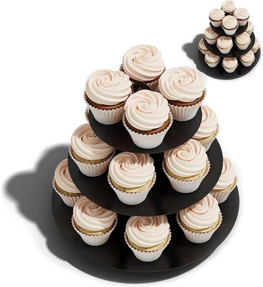 2 Pack Cupcake Stand Tower, BLISSUR Black 3 Tier Cupcake Stand, Cardboard Dessert Cupcake Stand Holder for Parties, Tiered Cupcake Stand (Black)