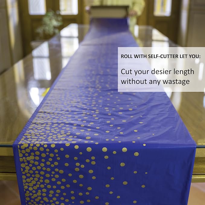 Neatiffy Disposable Plastic Table Cloth Roll with Slide Cutter | Waterproof Cover for Rectangle, Square, Oval Tables | Picnic, Party, Banquet, Birthdays, Weddings - Blue with Gold Dots - Image 8