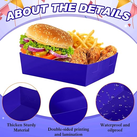 Uiifan 50 Pcs 5 lb Extra Large Paper Food Trays Disposable Food Boat Nacho Plate Serving Snack Trays Grease Resistant Self-assembly for Back to School Party Birthday Wedding Supply (Royal Blue) - Image 4