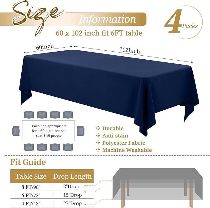 Showgeous 4 Pack Navy Blue Polyester 60x102 Inch Tablecloths | Soft polyester, wrinkle resistant, fade resistant, smooth finish, fine stitching, folded hems, reusable, machine washable - Image 2