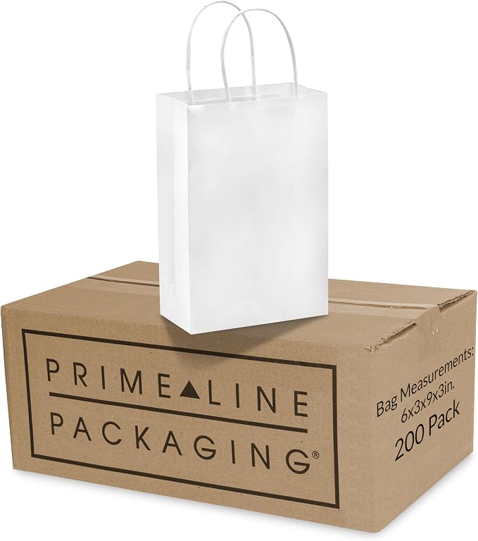 Prime Line Packaging White Paper Bags, Kraft Gift Bags Mini with Handles for Small Business, Shopping, Boutiques, Merchandise, Party Favors, Bulk, 6x3x9, 200 Pack by PrimeLinePackaging