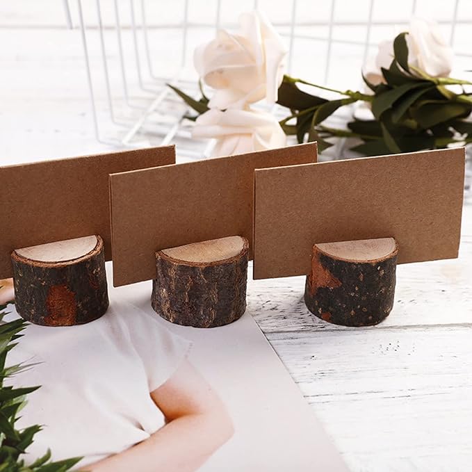 Tosnail 50 Pieces Wooden Place Card Holders with 50 Kraft Paper Cards, Rustic Wood Table Number Stands, Photo Holder for Wedding Party Decoration, Photo Display