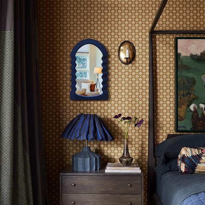 Small Wavy Wall Mirror Living Room Decor, Irregular Decorative Mirrors with Flocking Touch, Modern Squiggly Mirror for Bedroom Hallway Entryway Game Room Decoration (Dark Blue)