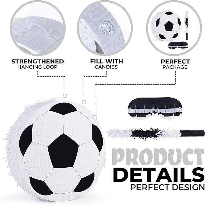 Pinata Bundle with a Blindfold and Bat (13"x13"x4"), Soccer Ball Pinata for Birthday Party Boys, Perfect for Birthday Party, Sport Theme Party, Decoration
