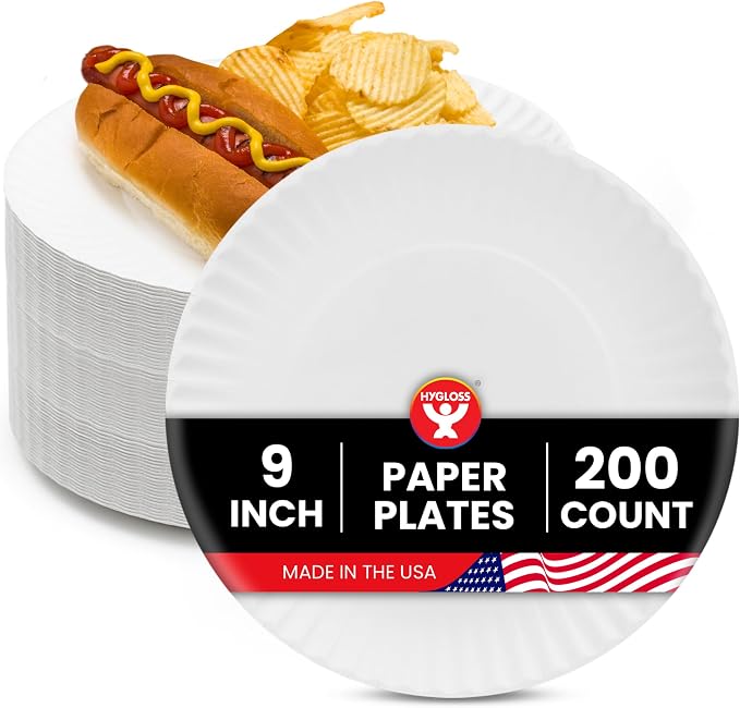 Hygloss Bulk Paper Plates 9-Inch, White Disposable Large Plain, 200 Count | Uncoated, for Party, Dinner, Foodware, Events, Crafts, Environmentally Friendly, Recyclable, Microwave Safe, Compostable by HyglossProductsInc