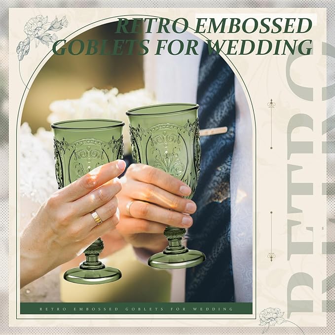48 Pcs Plastic Goblets 7.5oz Vintage Goblet Plastic Wine Glasses Colored Retro Embossed Water Goblets for Wine Bar Juice Baby Shower Wedding Reception Grand Event Party (Olive Green)