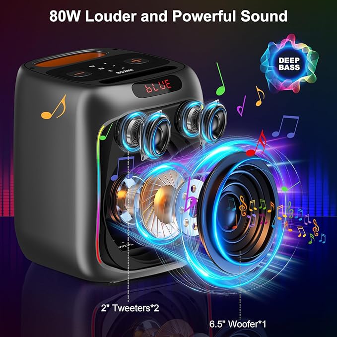 Karaoke Machine with 2 Wireless Microphones, 80W Portable Bluetooth Speaker, Party Speaker with LED Colorful Lights TWS Pairing, Karaoke Speaker Supports for Mic Input,USB,AUX,TF Card