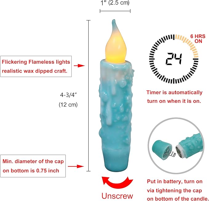 CVHOMEDECO. Real Wax Hand Dipped Battery Operated LED Timer Taper Candles Rustic Primitive Flameless Lights Decor, 4-3/4 Inch, Teal, 3 PCS in a Package