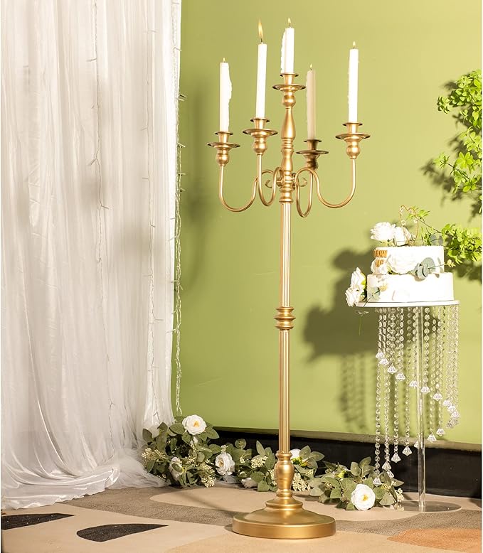 Gold Candelabra for Wedding Event Decor, 50'' Tall Floor Candle Holders, 2 Pcs Metal 5 Arm Centerpiece Decorations for 5 Candlesticks Party Wedding Aisle Home Decor